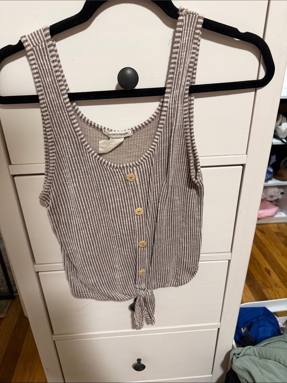 Caution To The Wind Taupe and White Striped Tie-Front Tank